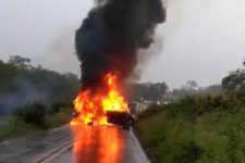 Caminhões pegam fogo após colisão na PE-95