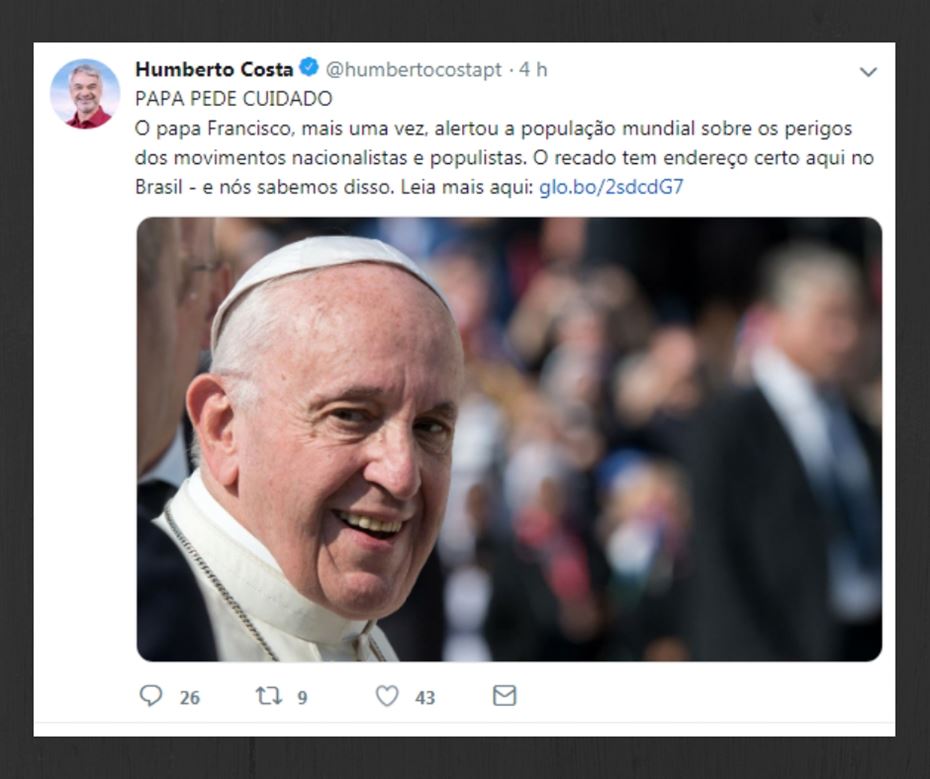Humberto atribui recado do Papa a Bolsonaro