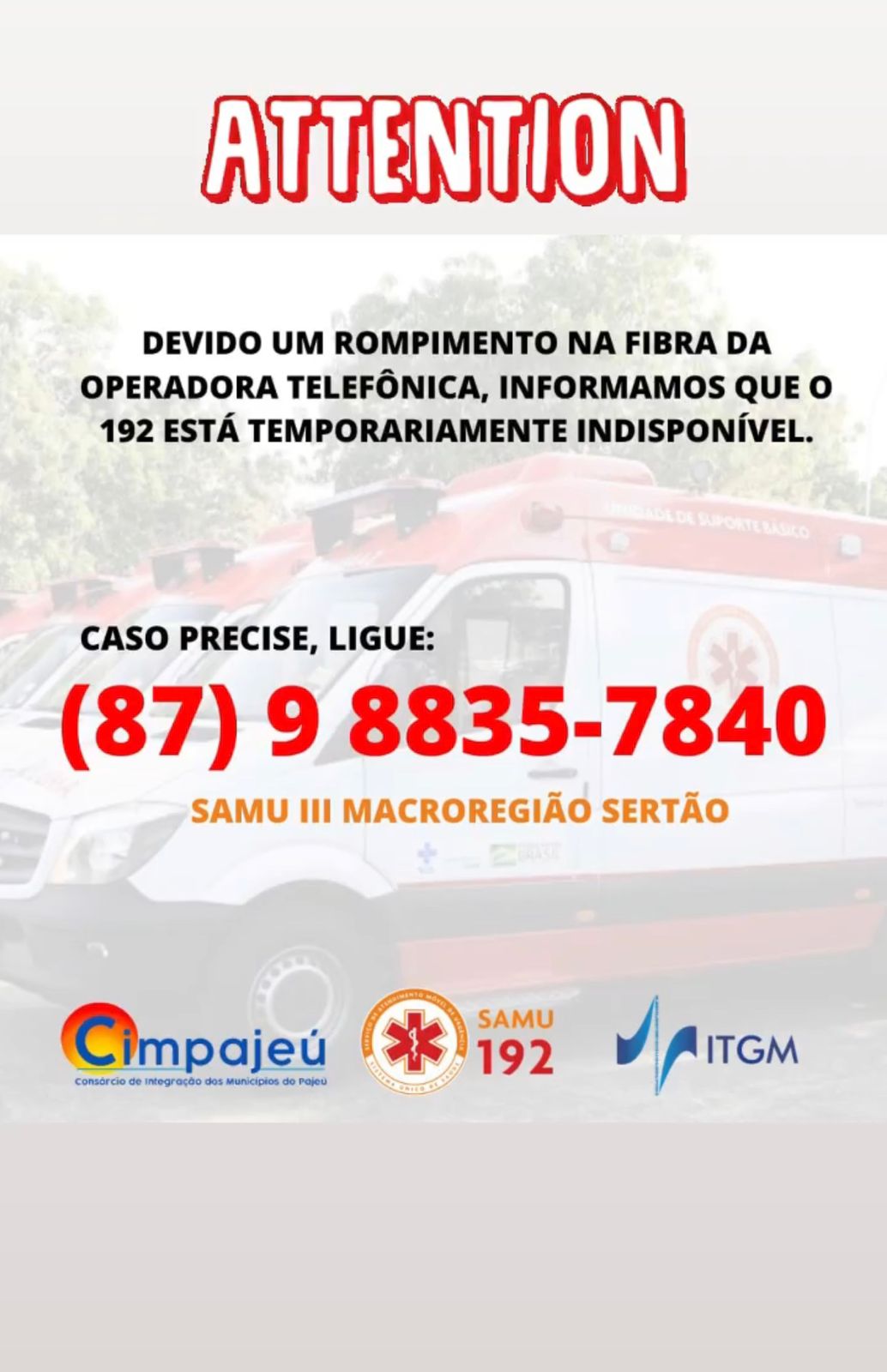 Samu é danificado em ST e 192 apresenta problema