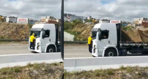 Bolsonarista se pendura em caminhão para impedir passagem de veículo