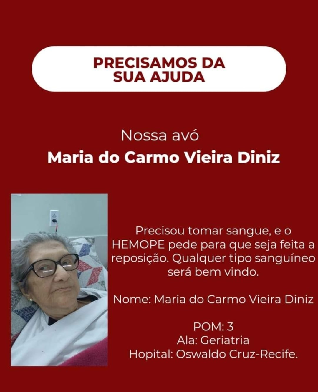 Família de ST pede doações de sangue a Maria do Carmo Vieira
