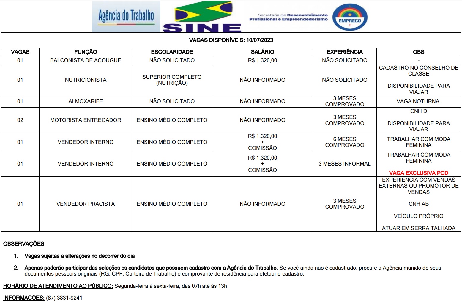 Agência de Trabalho anuncia vagas para ST