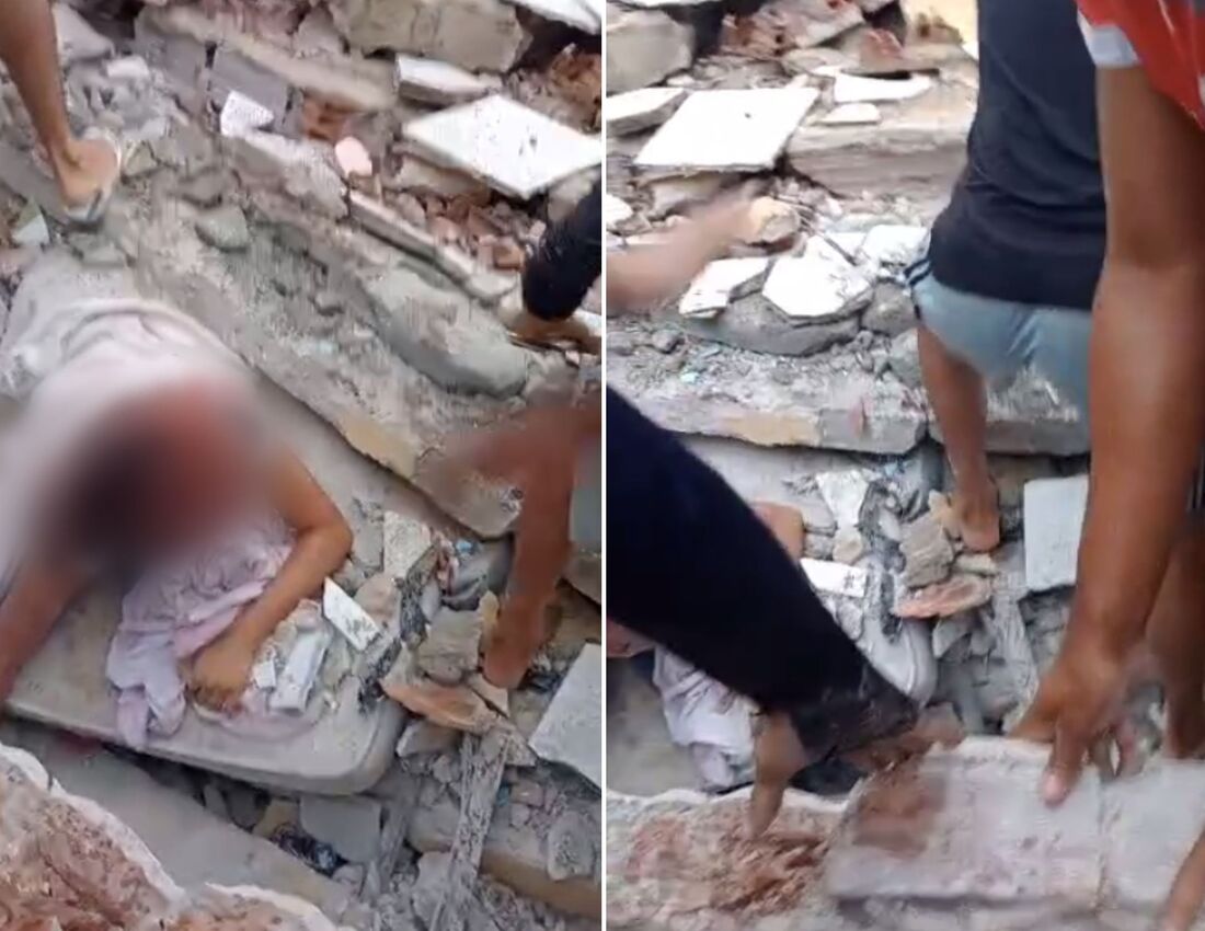 Vídeo mostra mulher com vida em escombros