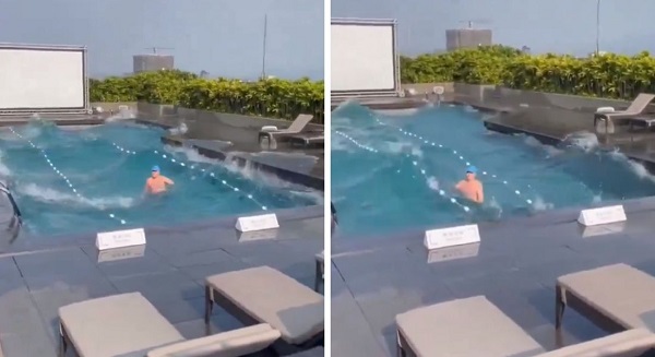Vídeo mostra turista "preso' em piscina de hotel durante terremoto 1 Vídeo mostra turista "preso' em piscina de hotel durante terremoto