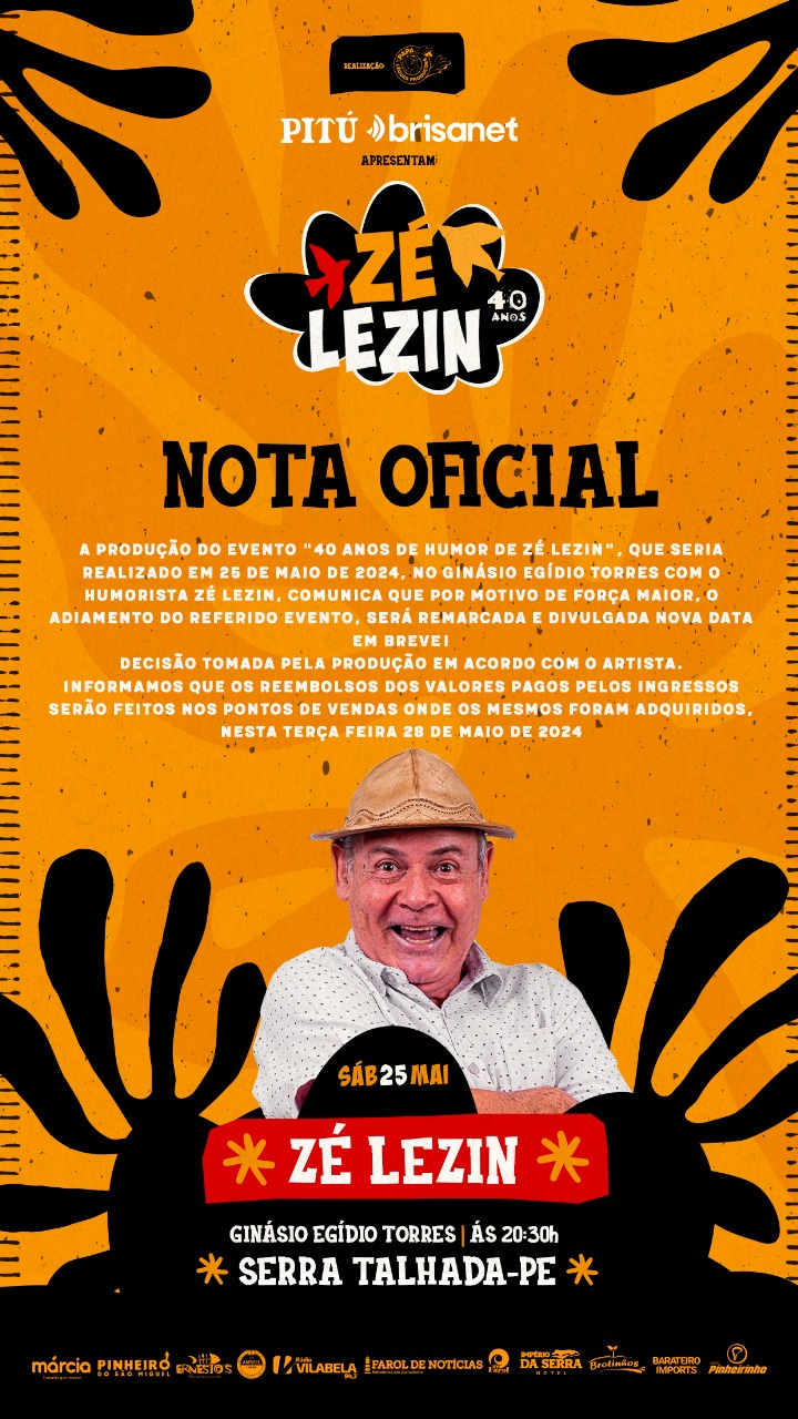 Show de Zé Lezin em ST é adiado neste sábado (25)
