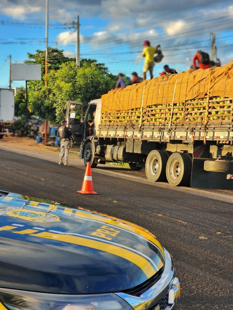 PRF flagra 8 pessoas em cima de caminhão 1 PRF flagra o transporte de pessoas em cima de caminhão carregado de côco