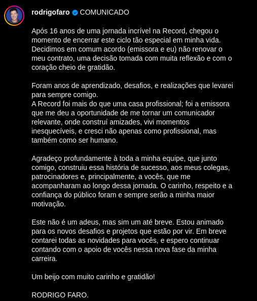 Rodrigo Faro anuncia saída da Record depois de 16 anos