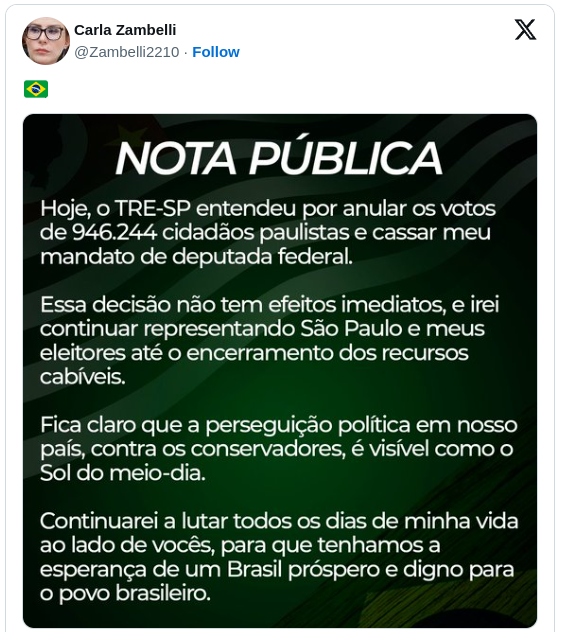 TRE-SP cassa mandato e torna Carla Zambelli inelegível por 8 anos 2 Imagem: Reprodução/X