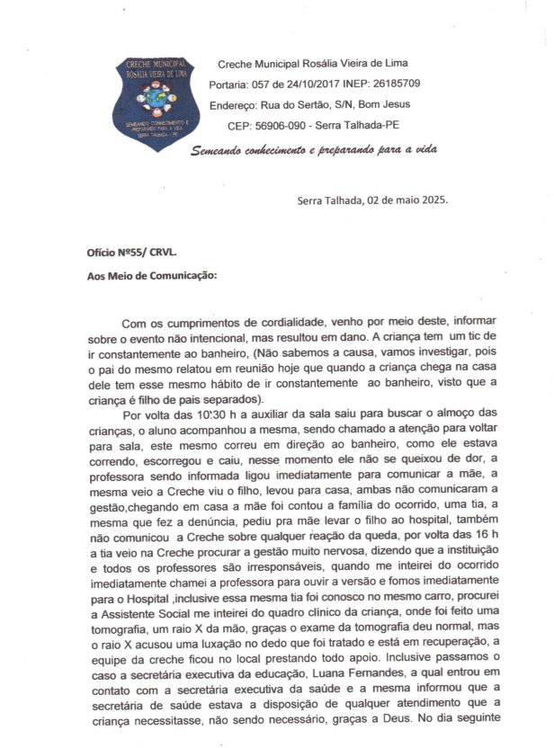 Após acidente com criança de 3 anos em ST, creche emite nota sobre o caso