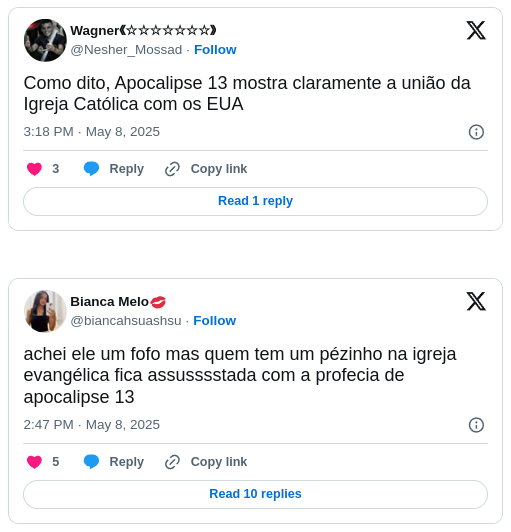 'Profecia' de fim dos tempos do Apocalipse 13 vem à tona após nomeação de papa americano 2 Imagem: Reprodução/X