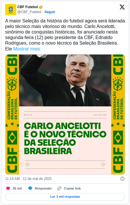 CBF anuncia Carlo Ancelotti como novo técnico da Seleção 2 Imagem: Reprodução/X