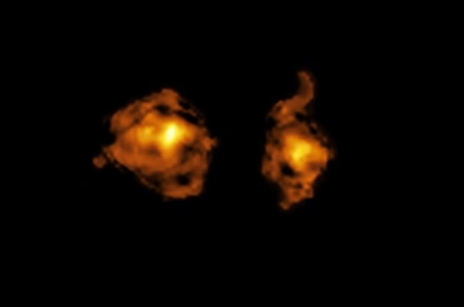 Briga de galáxias: astrônomos observam fenômeno pela primeira vez 1 Briga de galáxias: astrônomos observam fenômeno pela primeira vez - Imagem: ALMA (ESO/NAOJ/NRAO)/S. Balashev and P. Noterdaeme et al/Divulgação