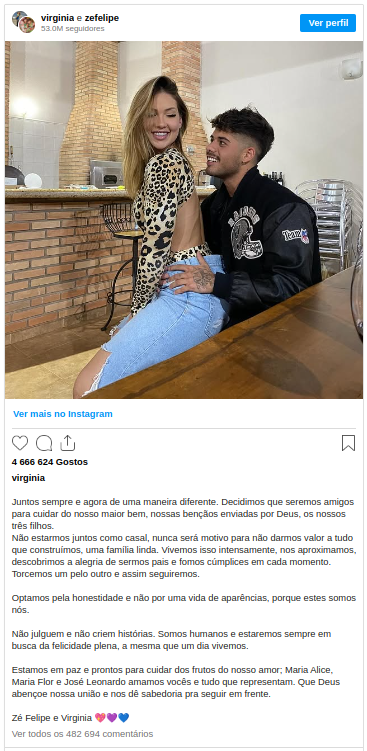 Virginia anuncia fim do casamento com Zé Felipe