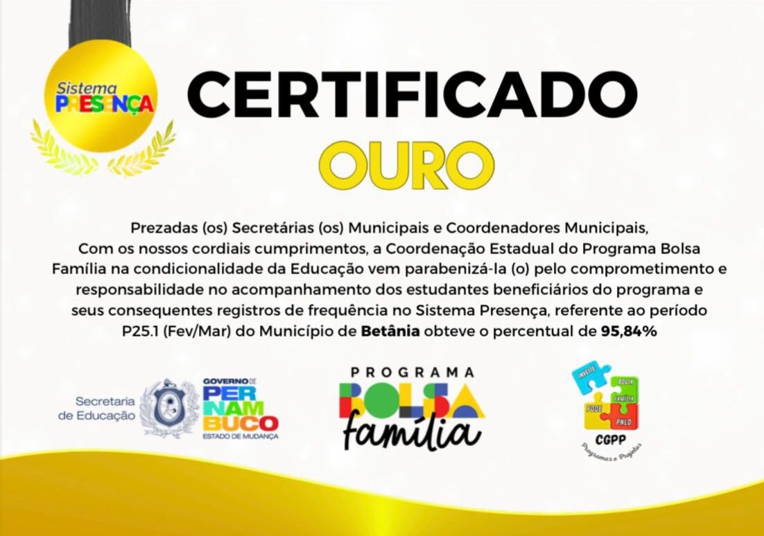 Betânia recebe certificado ouro no Programa Bolsa Família