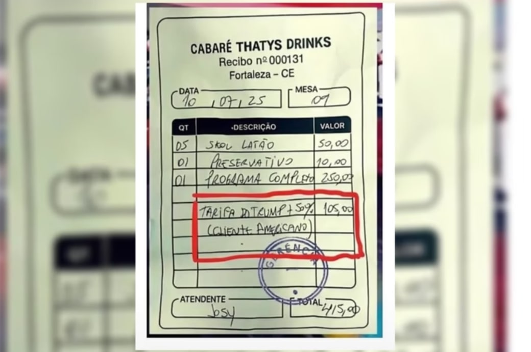 Recibo de cabaré no Ceará cobra “tarifa do Trump” de americano 1 Recibo de cabaré no Ceará cobra “tarifa do Trump” de americano - Foto: Reprodução/Redes Sociais