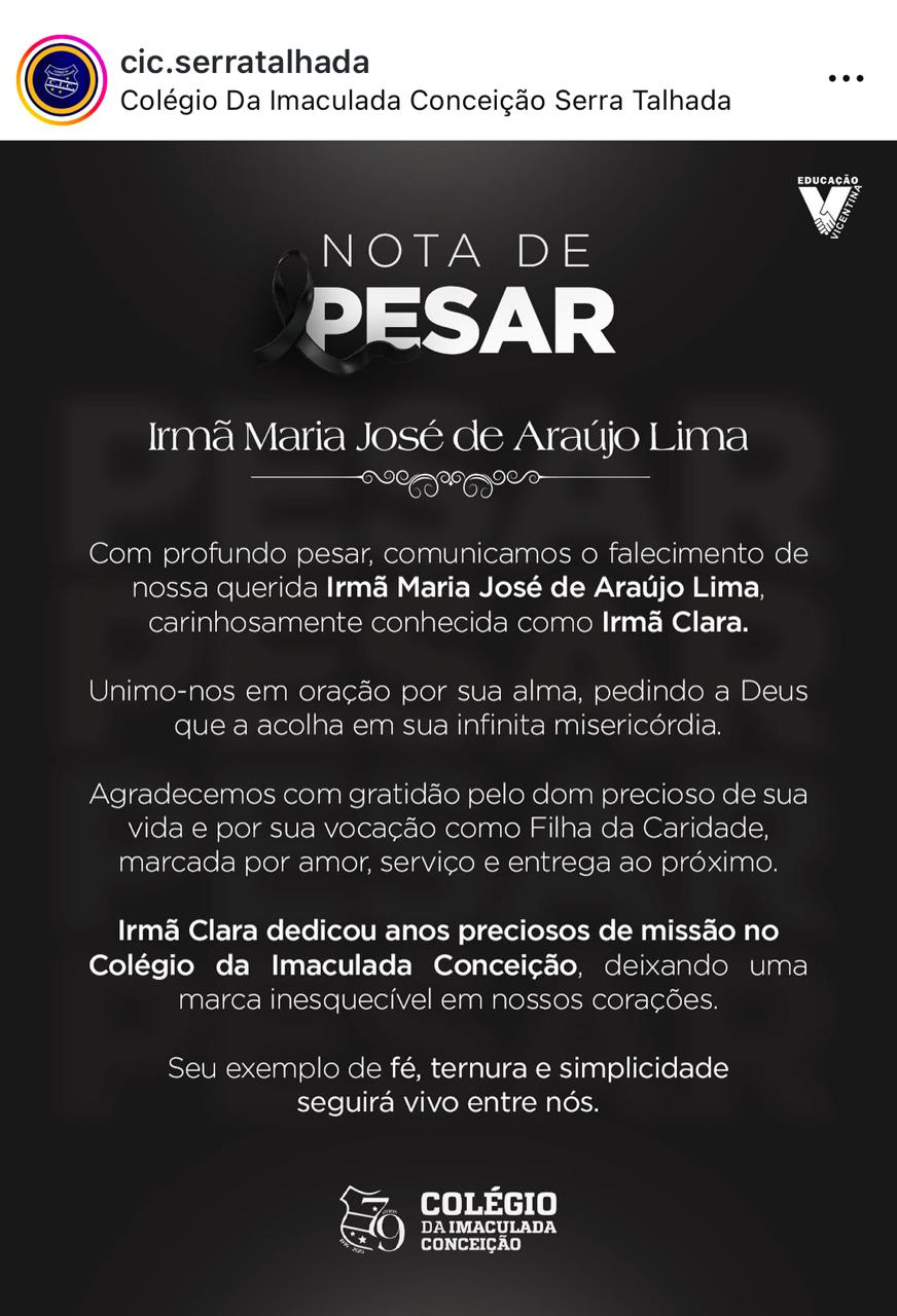 Irmã Clara, que fez história no Colégio Imaculada, morre aos 90 anos