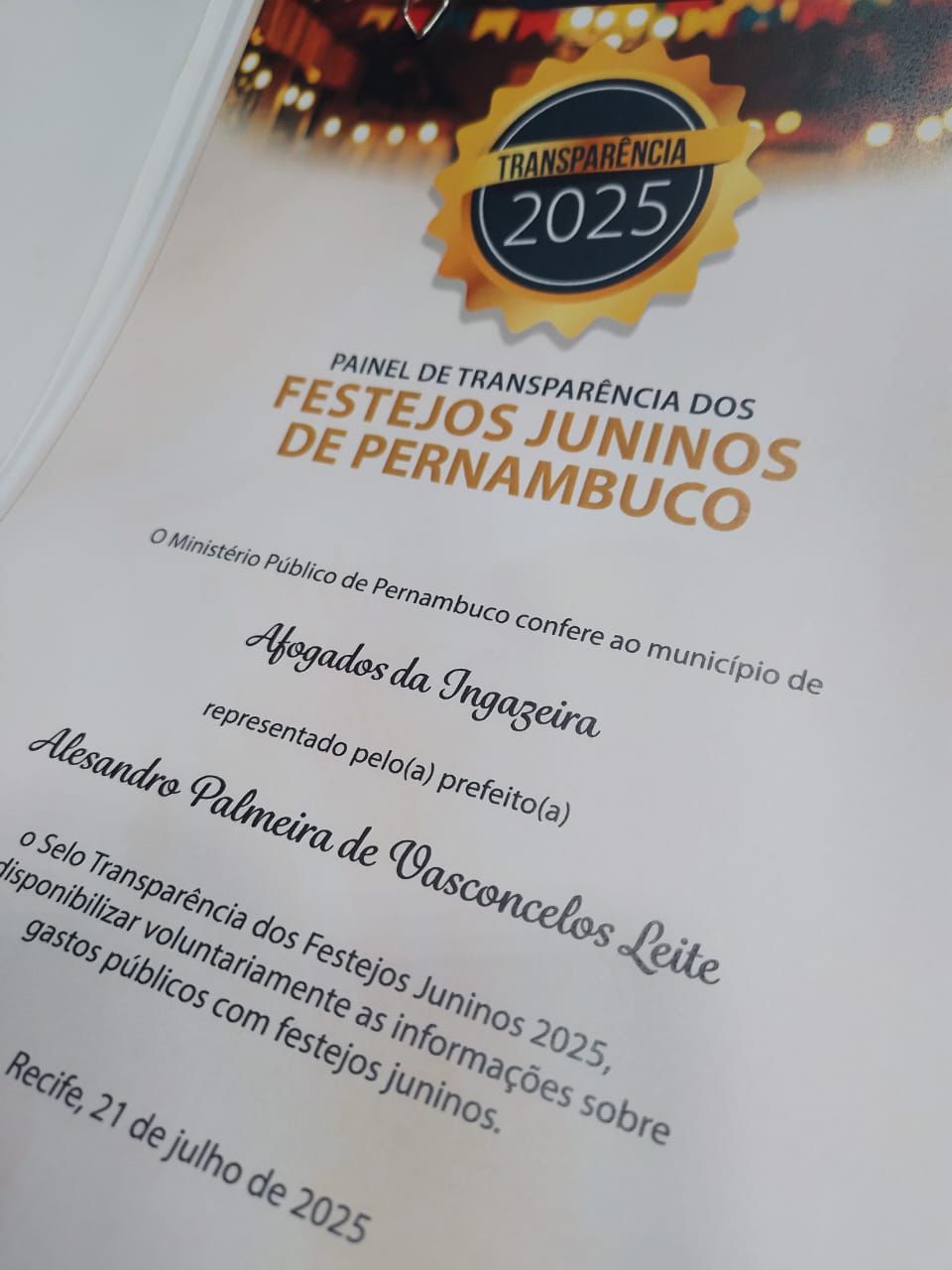 Afogados recebeu selo de transparência do MP