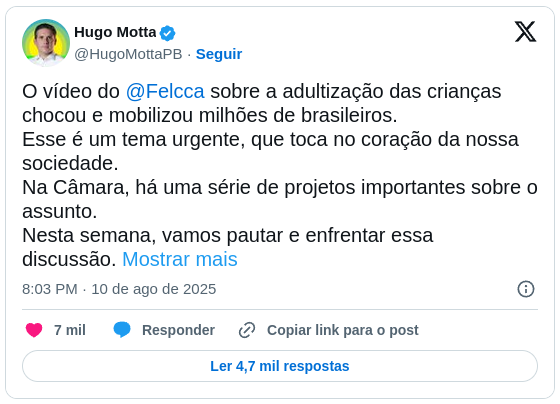 Motta vai pautar projetos sobre proteção de crianças após vídeo do Felca