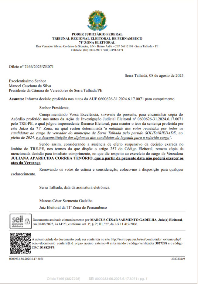 É oficial: Juliana Tenório não é mais vereadora e perde direitos políticos