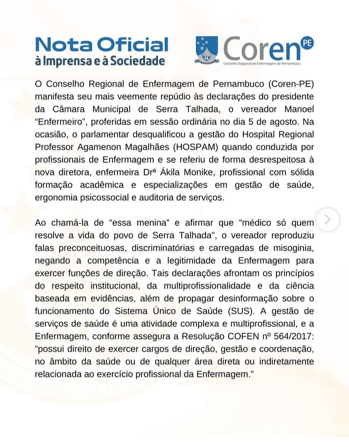 Coren PE emite nota de repúdio contra Manoel 'Enfermeiro'
