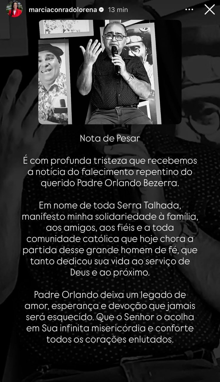 Márcia Conrado emite nota de pesar pelo falecimento de Pe. Orlando
