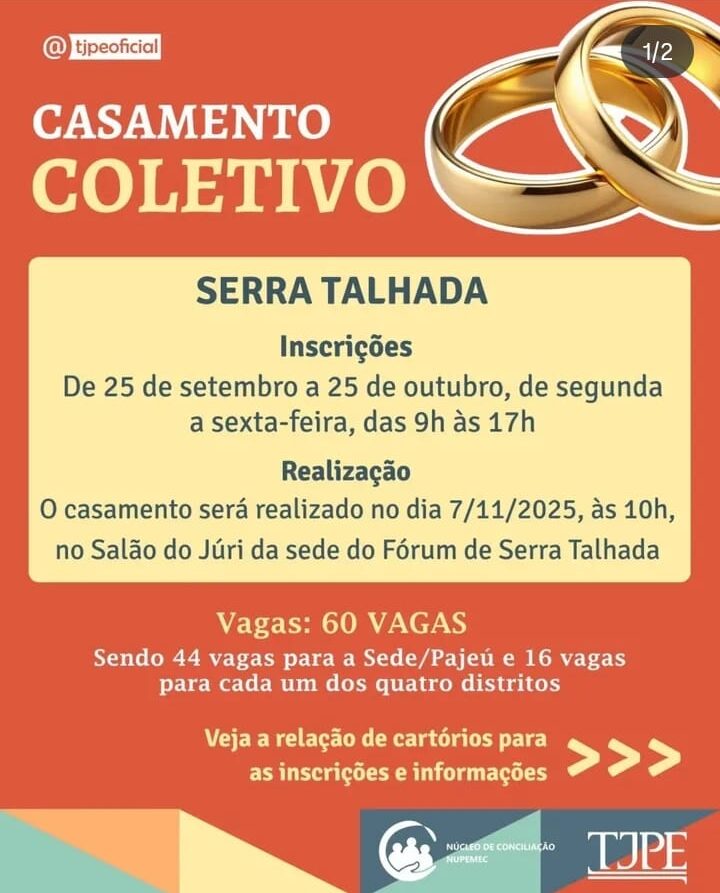 TJPE abre inscrições para casamento coletivo em ST; 60 vagas 1 TJPE divulga casamento coletivo