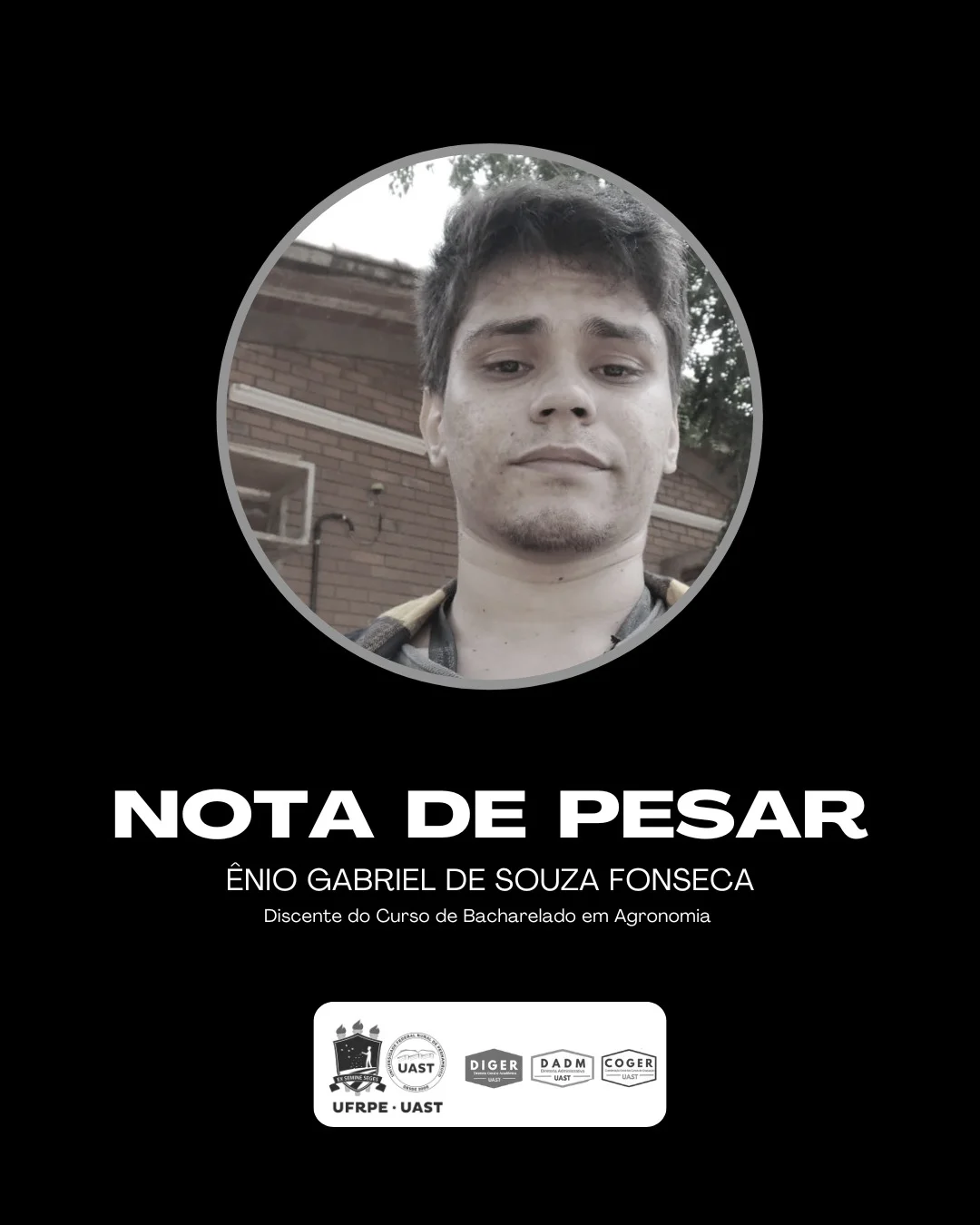 UFRPE-Uast suspende aulas nesta 2ª em memória do estudante Ênio Souza