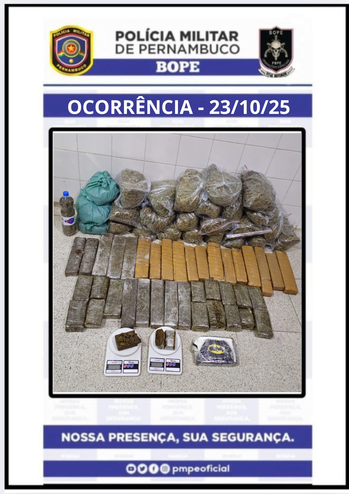 PM apreende mais de 50kg de maconha em Caruaru 1 PM apreende mais de 50kg de maconha em Caruaru - Foto: Divulgação/PMPE
