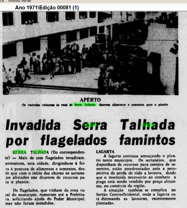 Jornais da capital noticiando Serra Talhada pela fome e seca na Ditadura