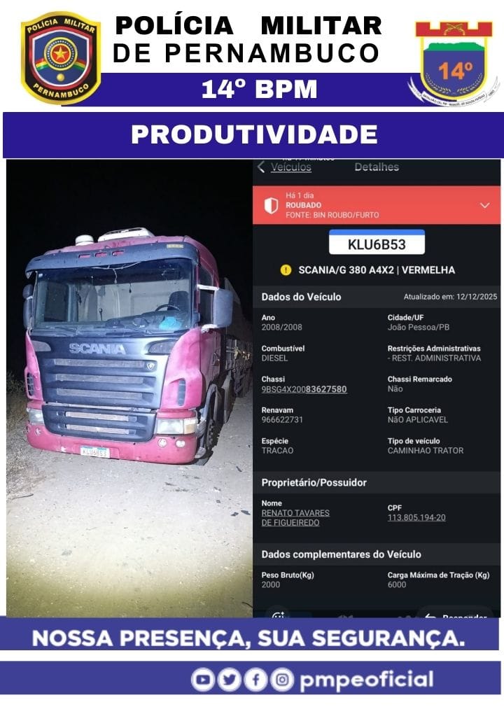 Carreta roubada na BR-232 é encontrada abandonada em ST 1 Carreta roubada na BR-232 é encontrada abandonada em ST
