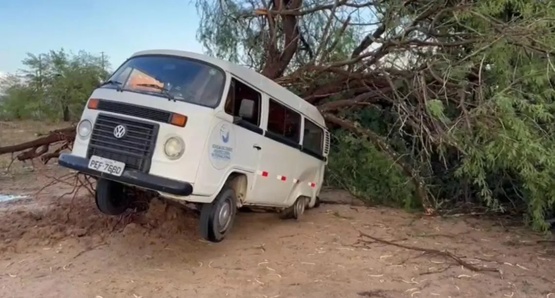 Ventania derruba árvores, muro e atinge Kombi em Jatobá