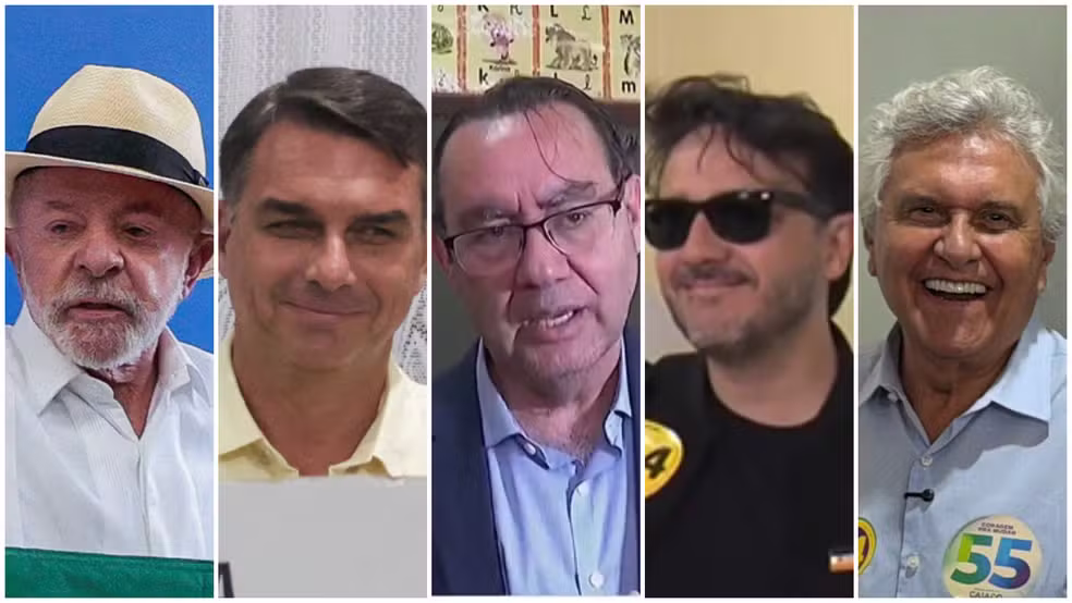 Candidatos à Presidência votam acompanhados de aliados e familiares 1 Montagem com fotos dos candidatos à Presidência: Lula (PT), Flávio Bolsonaro (PL), Augusto Cury (Avante), Renan Santos (Missão) e Ronaldo Caiado (PSD) — Foto: Montagem/g1